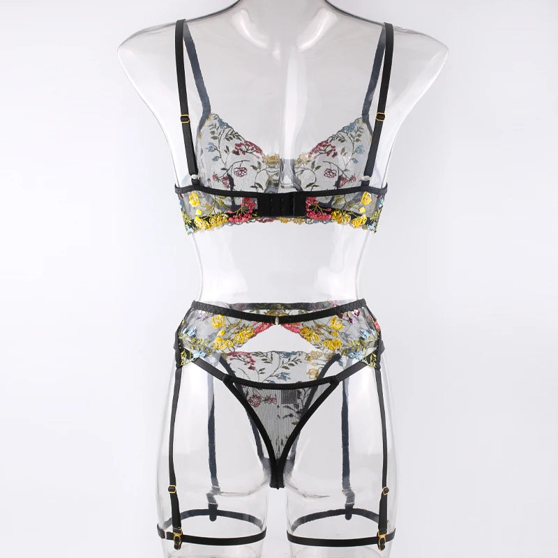 Sexy Women's Lace Lingerie 3Pcs Sets Fancy Flowers Embroidery Transparent Bras And Thongs Underwear Set Erotic Intimate Suits ﻿