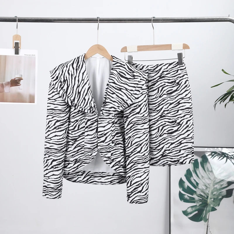 Fashion Zebra Printing Women's Jacket Skirts Suit V-Neck Waist-Closed Lady Sets Elegant 2 Pieces Set Women Outfits