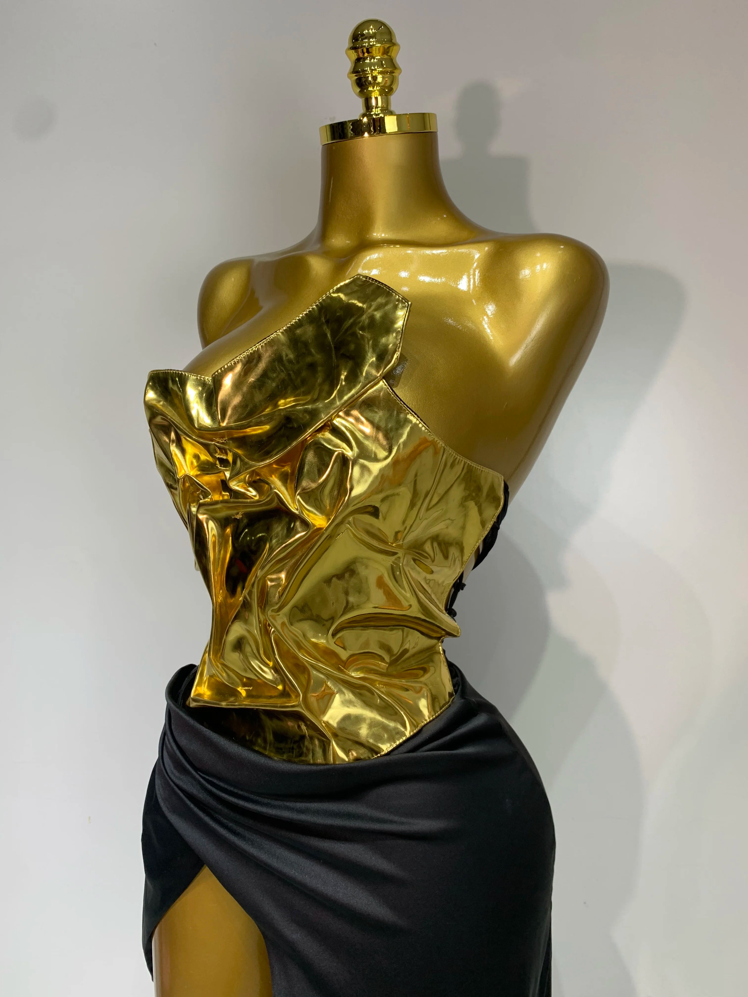 New Arrival Women Gold Color Sexy Laced-up Tops 2 Pieces Set Long Dress Celebrate Evening Party Celebrity Elegant Dress