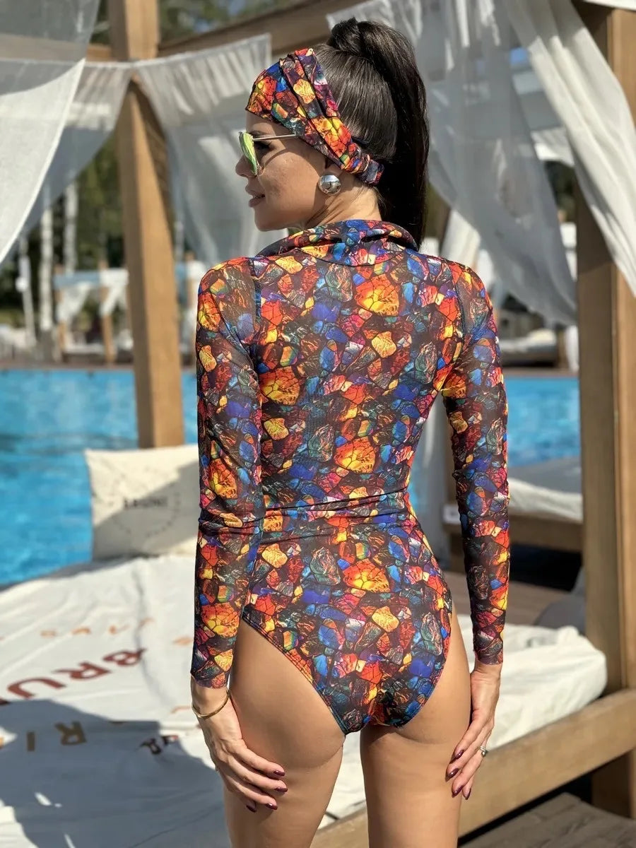 10 Colors UPF 35+ Retro Long Sleeve Swimwear Bodysuit High-end Mesh One Piece Swimsuit Women 2025 Sexy High Cut Bathing Suit