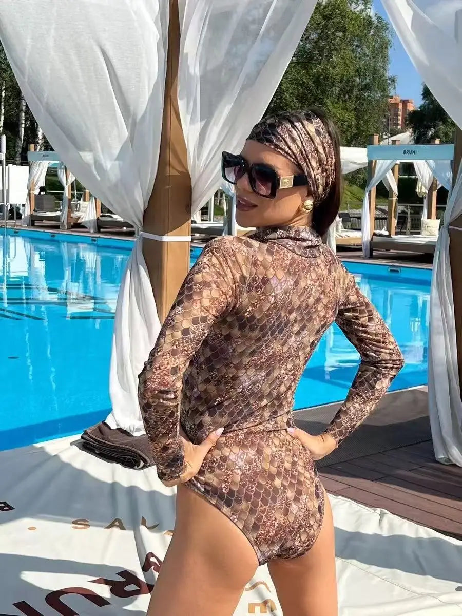 10 Colors UPF 35+ Retro Long Sleeve Swimwear Bodysuit High-end Mesh One Piece Swimsuit Women 2025 Sexy High Cut Bathing Suit