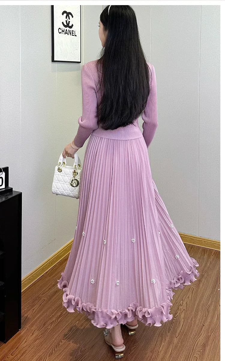 EGRM Miyake Pleated Long Dress Autumn Hot Sale Women's Double Breasted Waist Cinching Slimming High-end Stylish Versatile Skirt