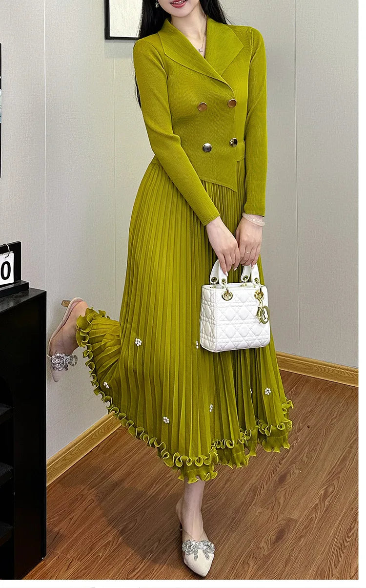 EGRM Miyake Pleated Long Dress Autumn Hot Sale Women's Double Breasted Waist Cinching Slimming High-end Stylish Versatile Skirt