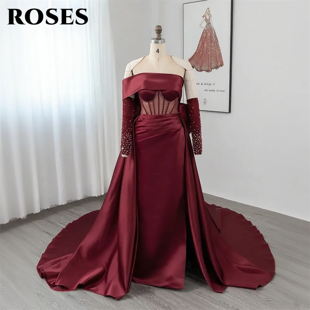 ROSES Burgundy Stain Mermaid Prom Dresses with Bow Shining Beading On Sleeve Evening Dress One Shoulder Sweetheart