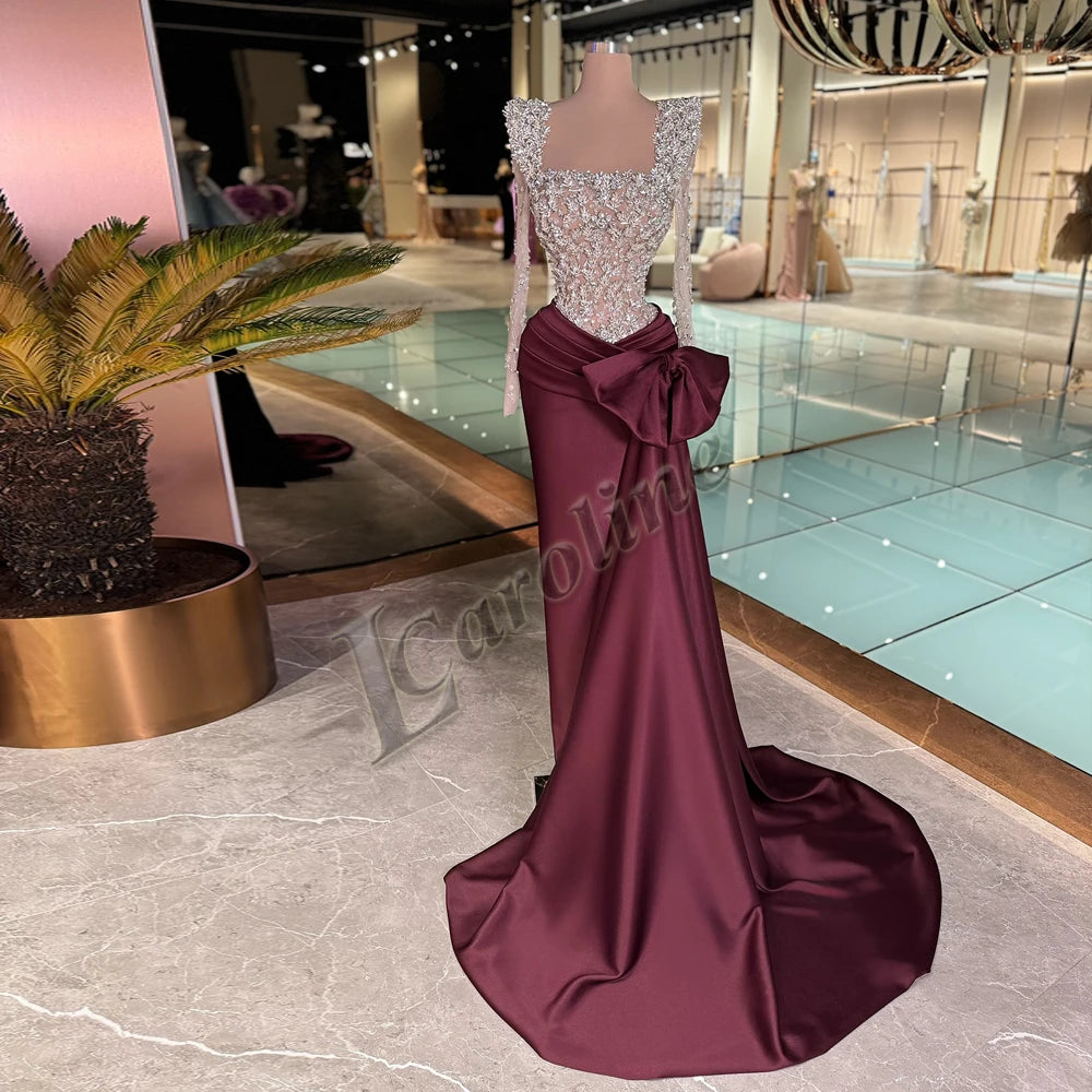 Caroline Exquisite Square Collar Evening Dresses for Women Beadings Pleated Ceremony Saudi Arabric Vestidos De Fiesta Customized