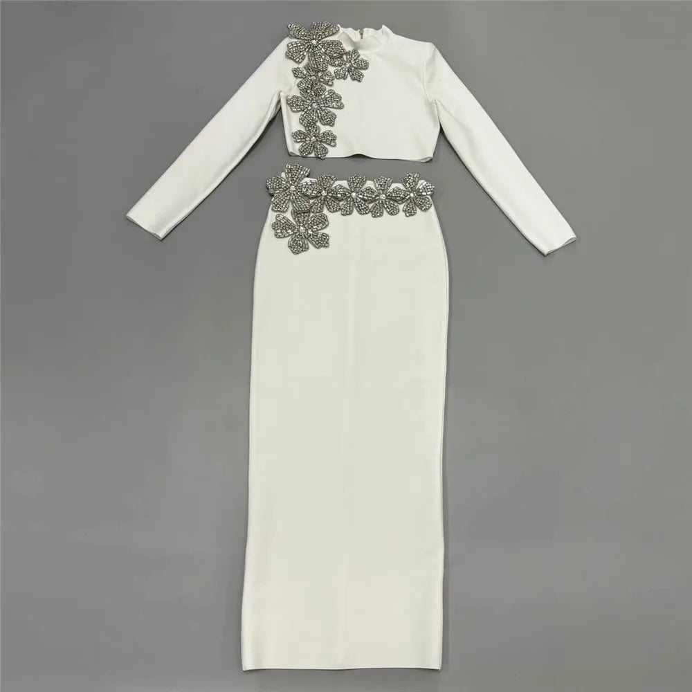 2024 New Arrival Women Two Pieces Sets Sexy Diamonds Long Sleeve Tops Skirts Autumn Clothes Club Party Bandage Sets