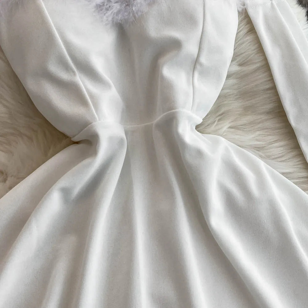 Foamlina Women's Christmas Dress Sexy Low-cut Waist Thin Big Pendulum Fluffy Splicing Suspender Tube Ling Dress Red