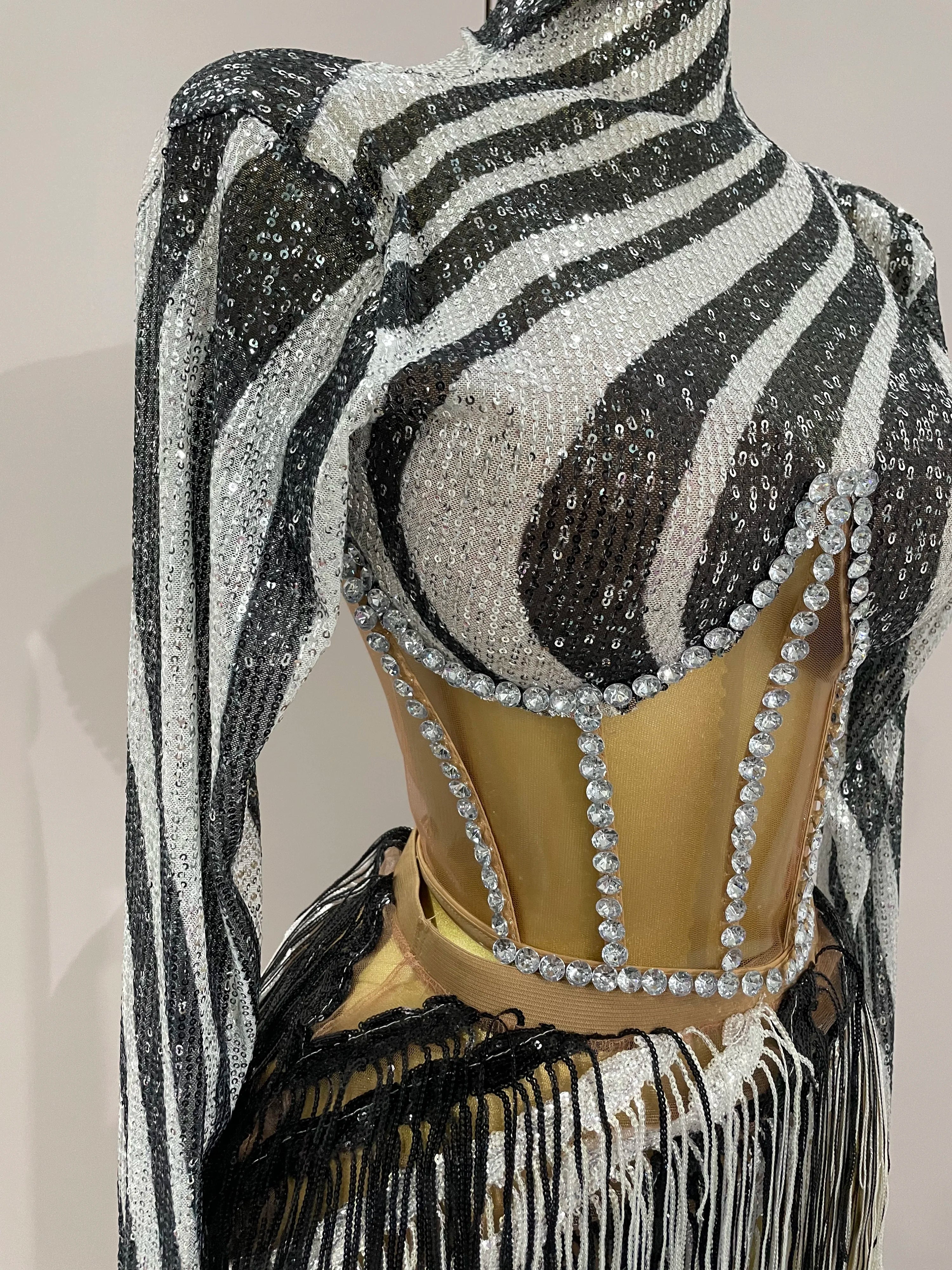 New Shiny Diamond Sequin Tassels Sexy Mesh Long Sleeved Two Piece Set Women Evening Birthday paty Nightclub Stage Costume