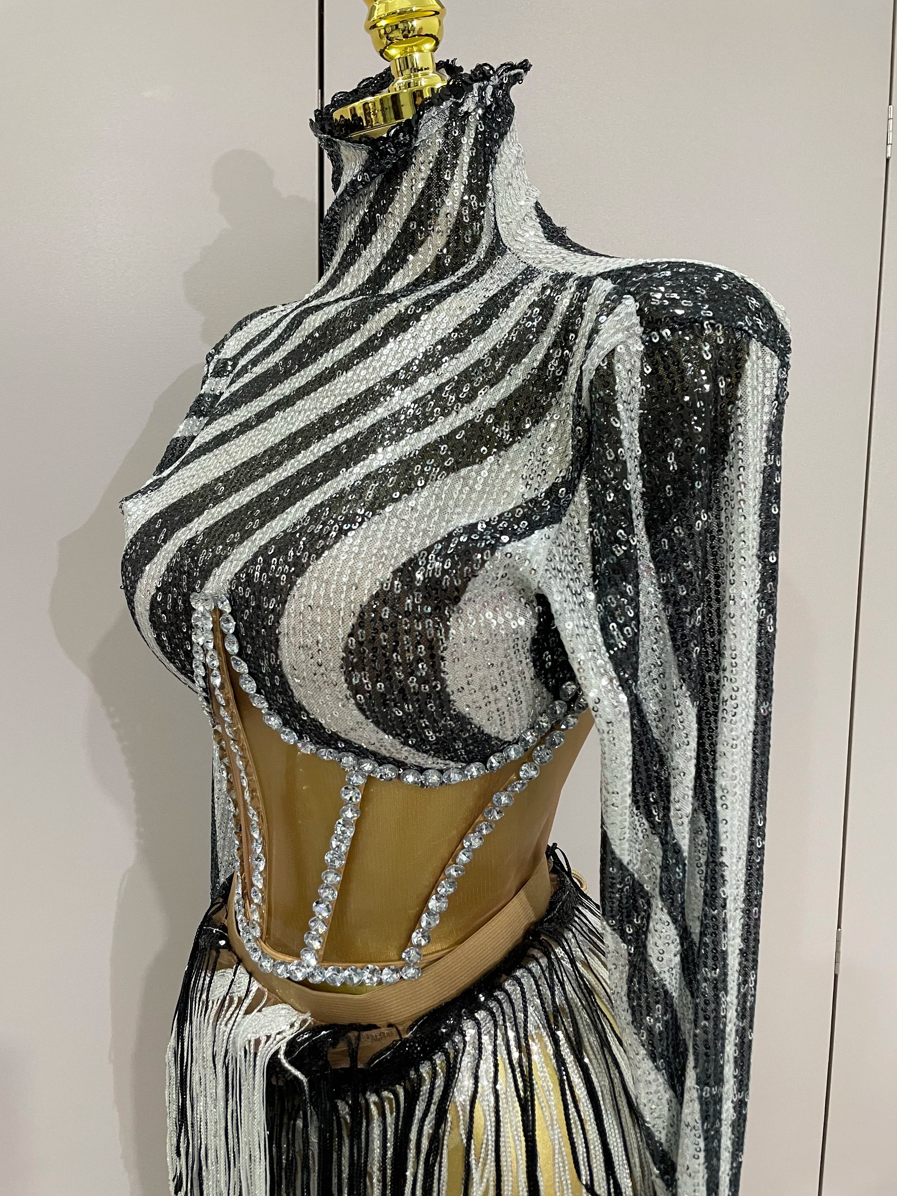 New Shiny Diamond Sequin Tassels Sexy Mesh Long Sleeved Two Piece Set Women Evening Birthday paty Nightclub Stage Costume