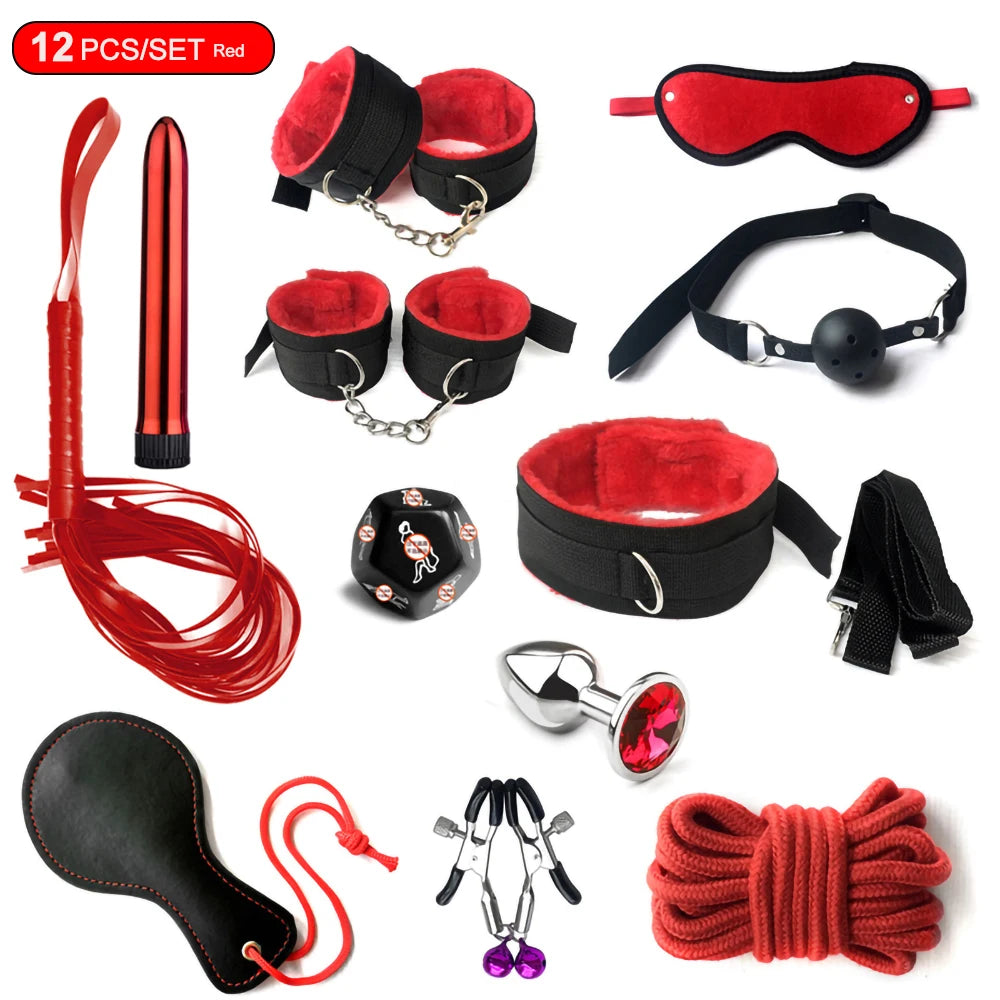 BDSM Adult Sexy Toys For Women Handcuffs Whip Anal Nipple Clamp Blindfold Strap On Vibrator Sex Bondage Set Sexual Couples Kit18