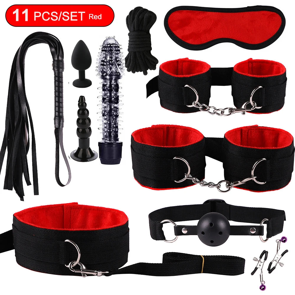 BDSM Adult Sexy Toys For Women Handcuffs Whip Anal Nipple Clamp Blindfold Strap On Vibrator Sex Bondage Set Sexual Couples Kit18