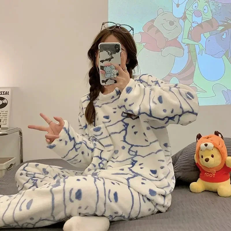 Warm Sleepwear for Winter Thickened Flannel Women Pajamas Homewear Striped Top and Pants Plus Size Cute Two-Piece Sleepwear Set