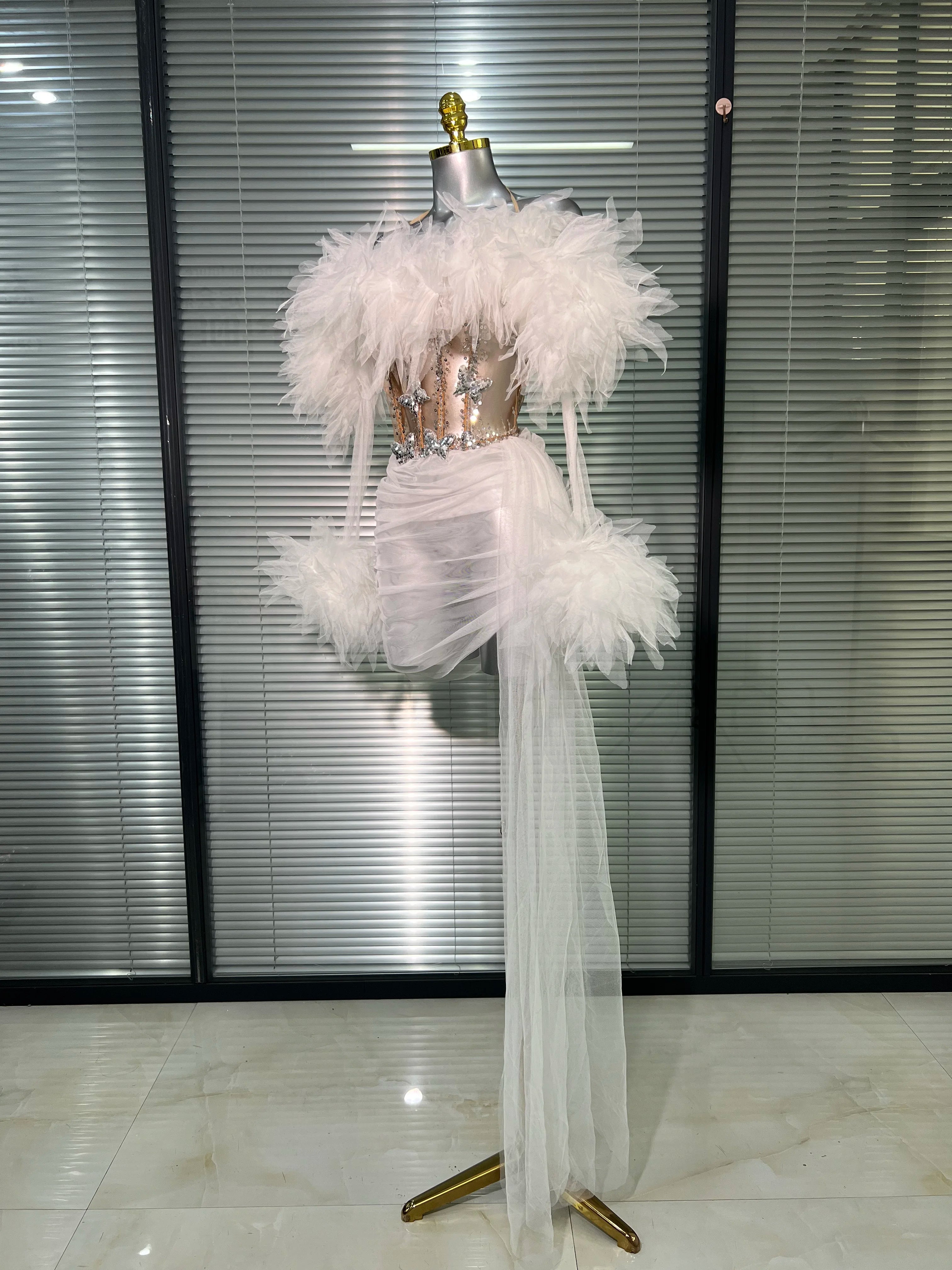 Women Sexy Two Pieces Set Celebrity Sky Blue White Purple Mesh Night Club Sheer Skirt Suits Stage Performance Costume