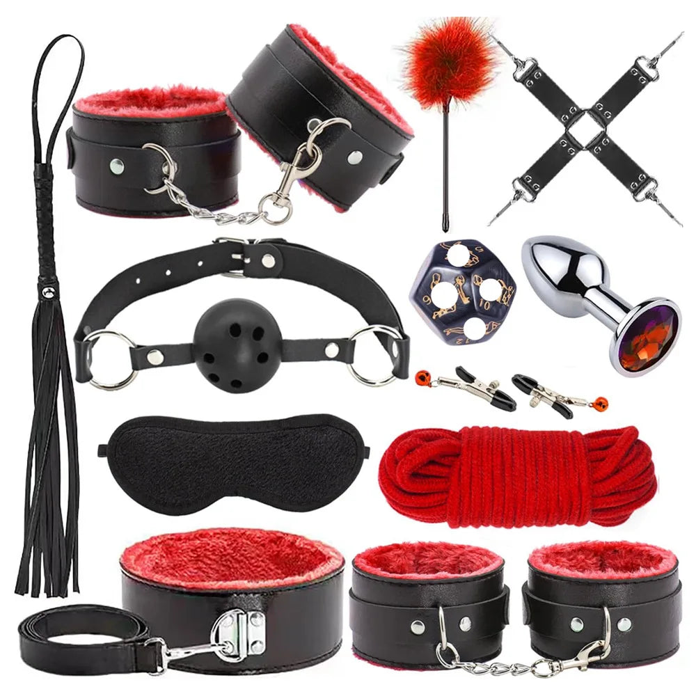 Erotic Toys Kits Handcuffs Eye Mask Whip Oral Plug Nipple Clamp Anal Plug Cosplay Toy For Couples BDSM Binding Sex Adult Toys 18