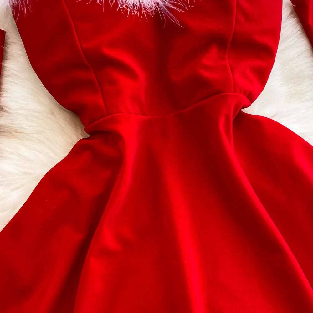 Foamlina Women's Christmas Dress Sexy Low-cut Waist Thin Big Pendulum Fluffy Splicing Suspender Tube Ling Dress Red