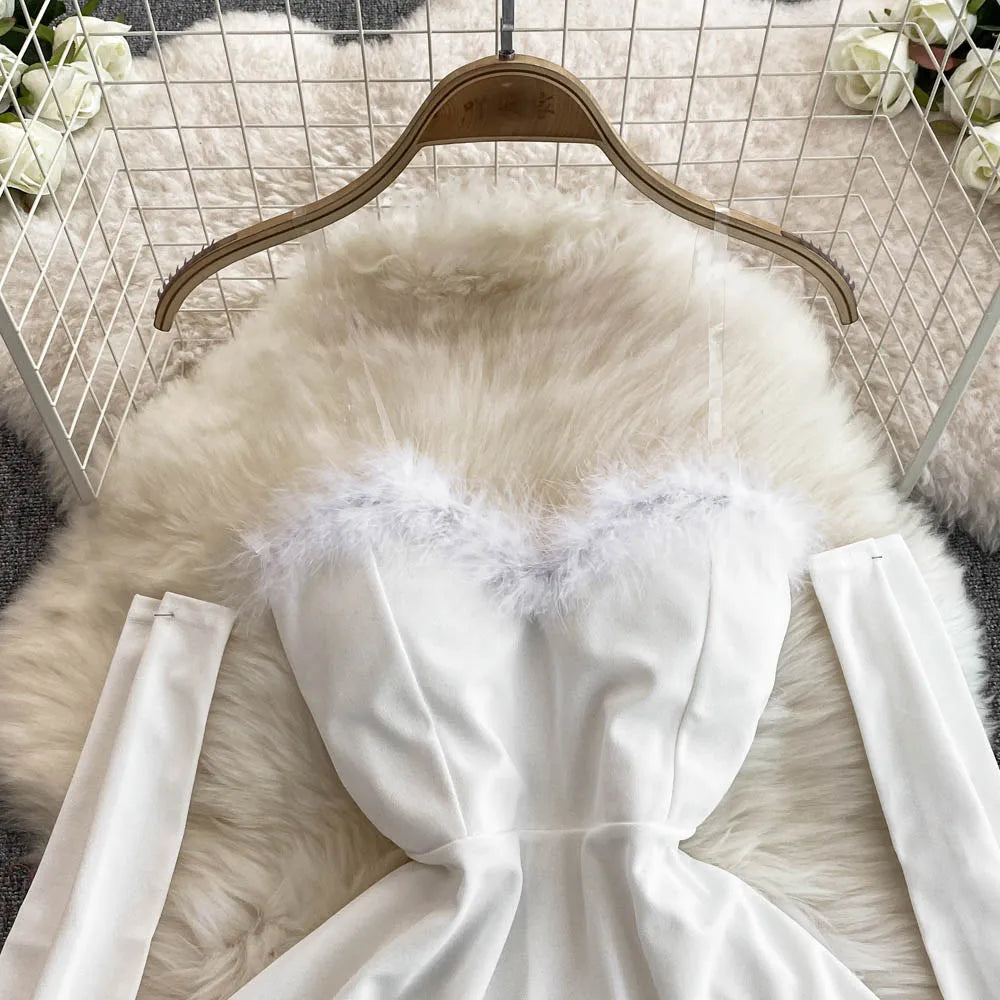 Foamlina Women's Christmas Dress Sexy Low-cut Waist Thin Big Pendulum Fluffy Splicing Suspender Tube Ling Dress Red