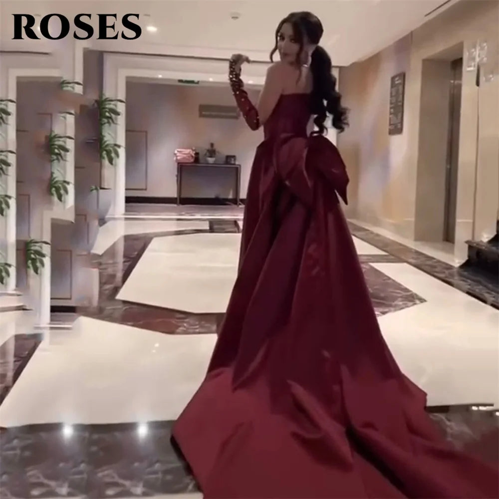 ROSES Burgundy Stain Mermaid Prom Dresses with Bow Shining Beading On Sleeve Evening Dress One Shoulder Sweetheart