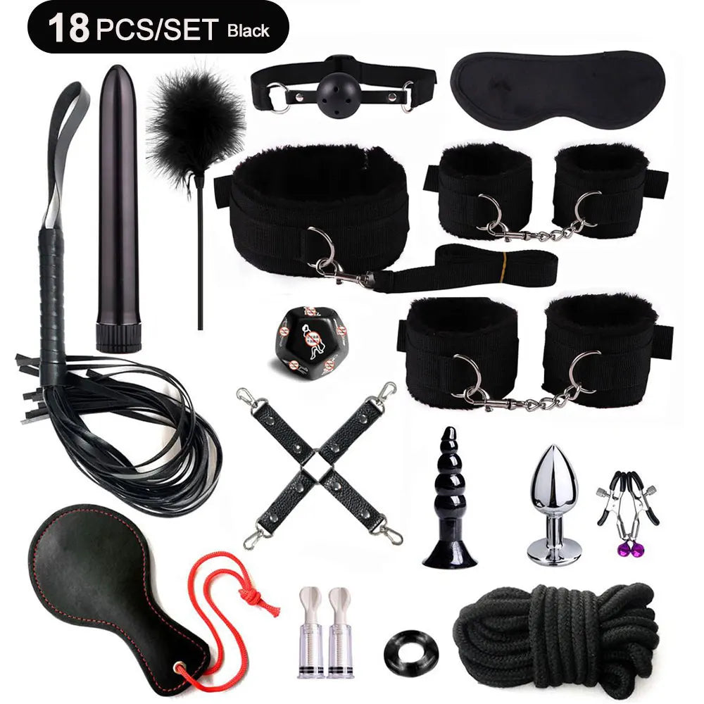 BDSM Adult Sexy Toys For Women Handcuffs Whip Anal Nipple Clamp Blindfold Strap On Vibrator Sex Bondage Set Sexual Couples Kit18