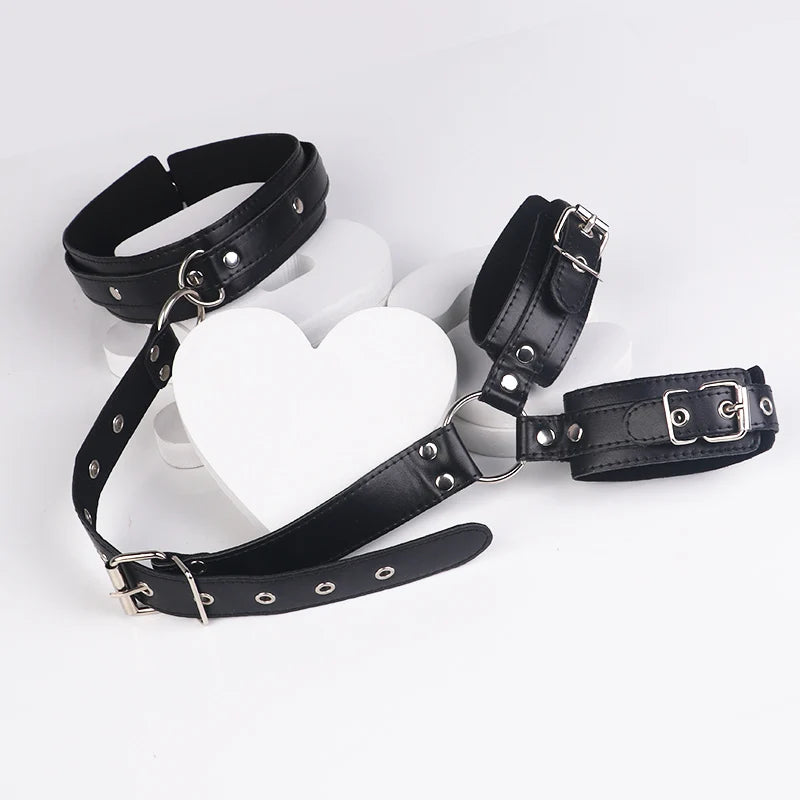 Neck to Wrist Restraints Kit Sexy Women BDSM Fetish Behind Back Handcuffs Collar Adjustable Bondage Set Couple SM Sex Game Tool