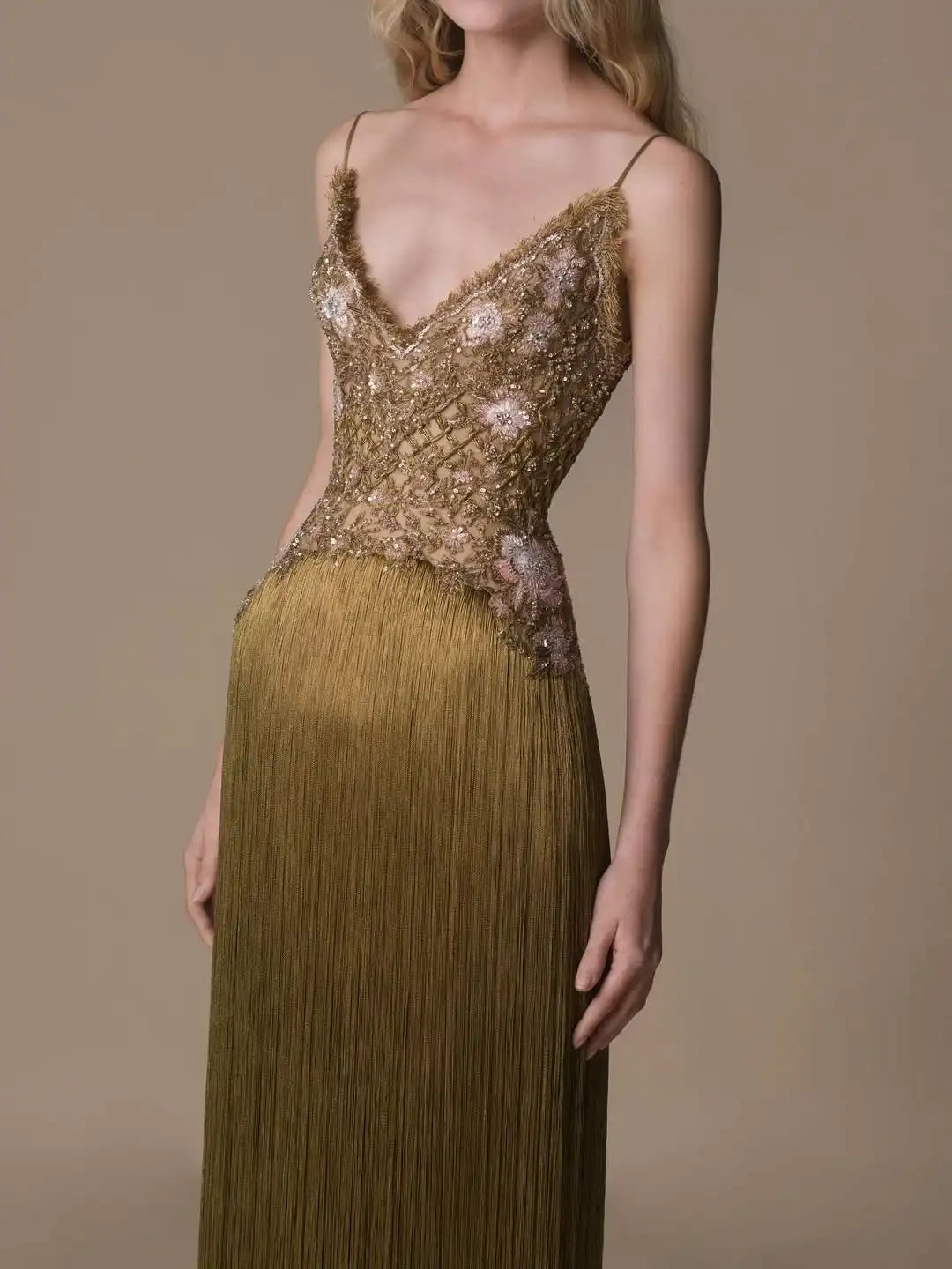 New Design Elegant Spaghetti Strap Floral Beaded Fringe Mesh High Slit Bodycon Mermaid Evening Prom Formal Party Dress