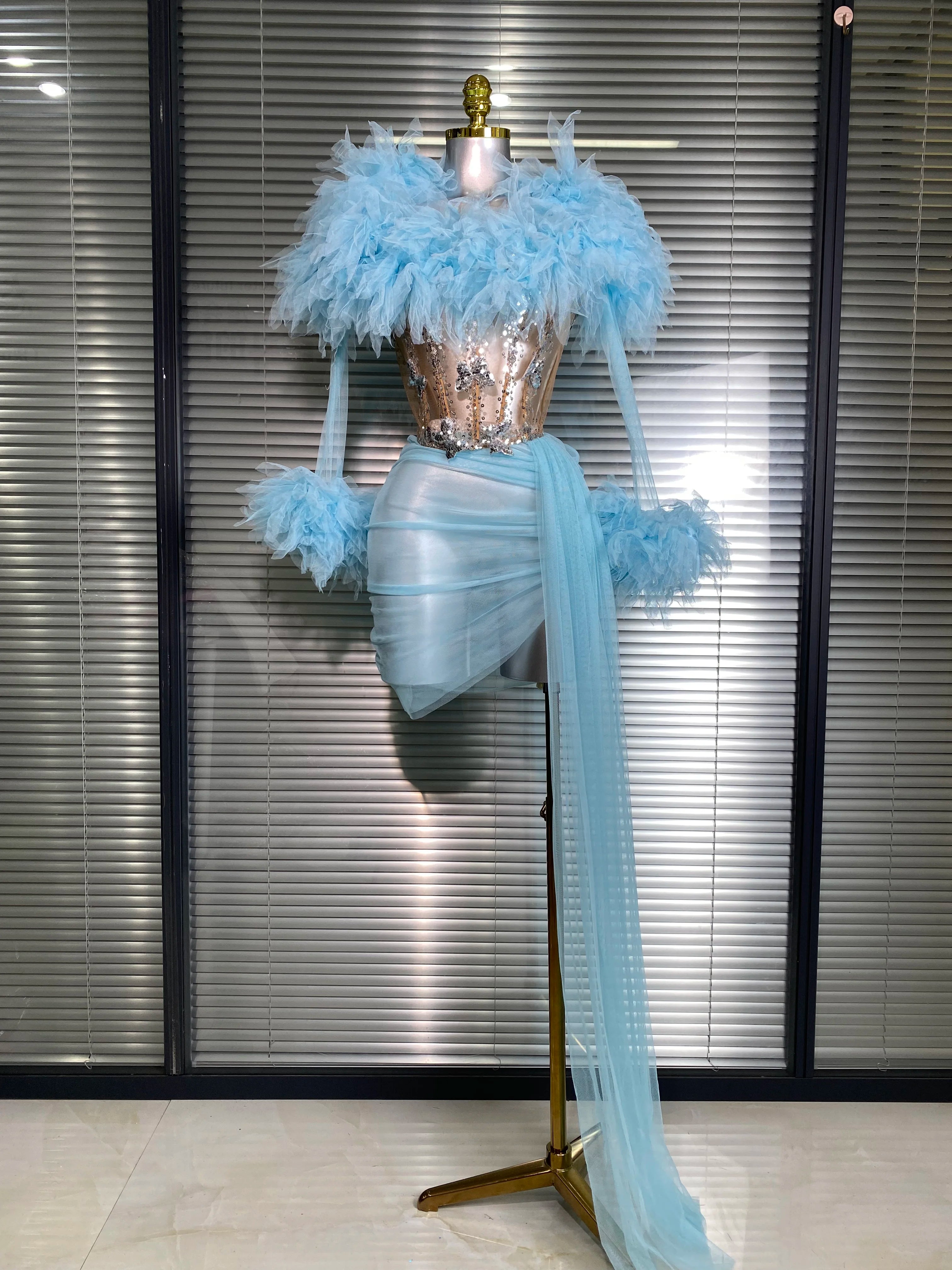 Women Sexy Two Pieces Set Celebrity Sky Blue White Purple Mesh Night Club Sheer Skirt Suits Stage Performance Costume