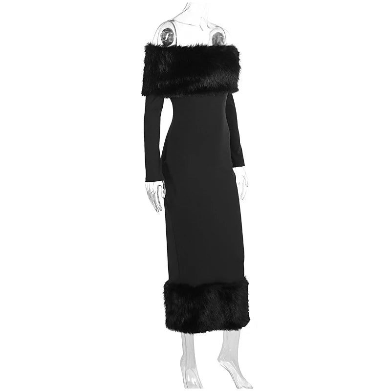 Faux Fur Patchwork Strapless Dress Women Sexy Off-shoulder Full Sleeve Cinched-waist Slim Gowns Lady Chic Evening Party Dresses