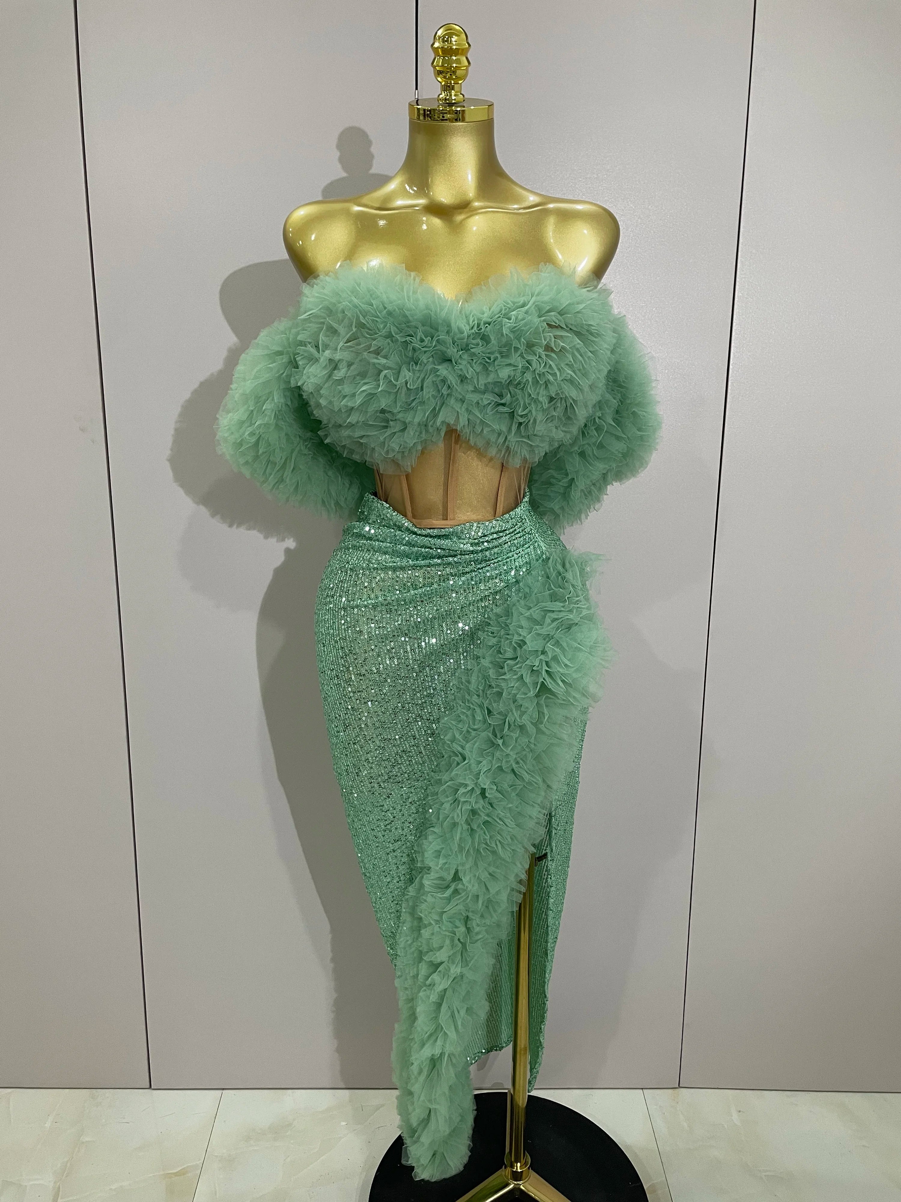 Shiny Sequins Top Short Skirt Two Pieces Set Women Sexy Celebrate Evening Prom Birthday Party Dress Nightclub Stage Outfit