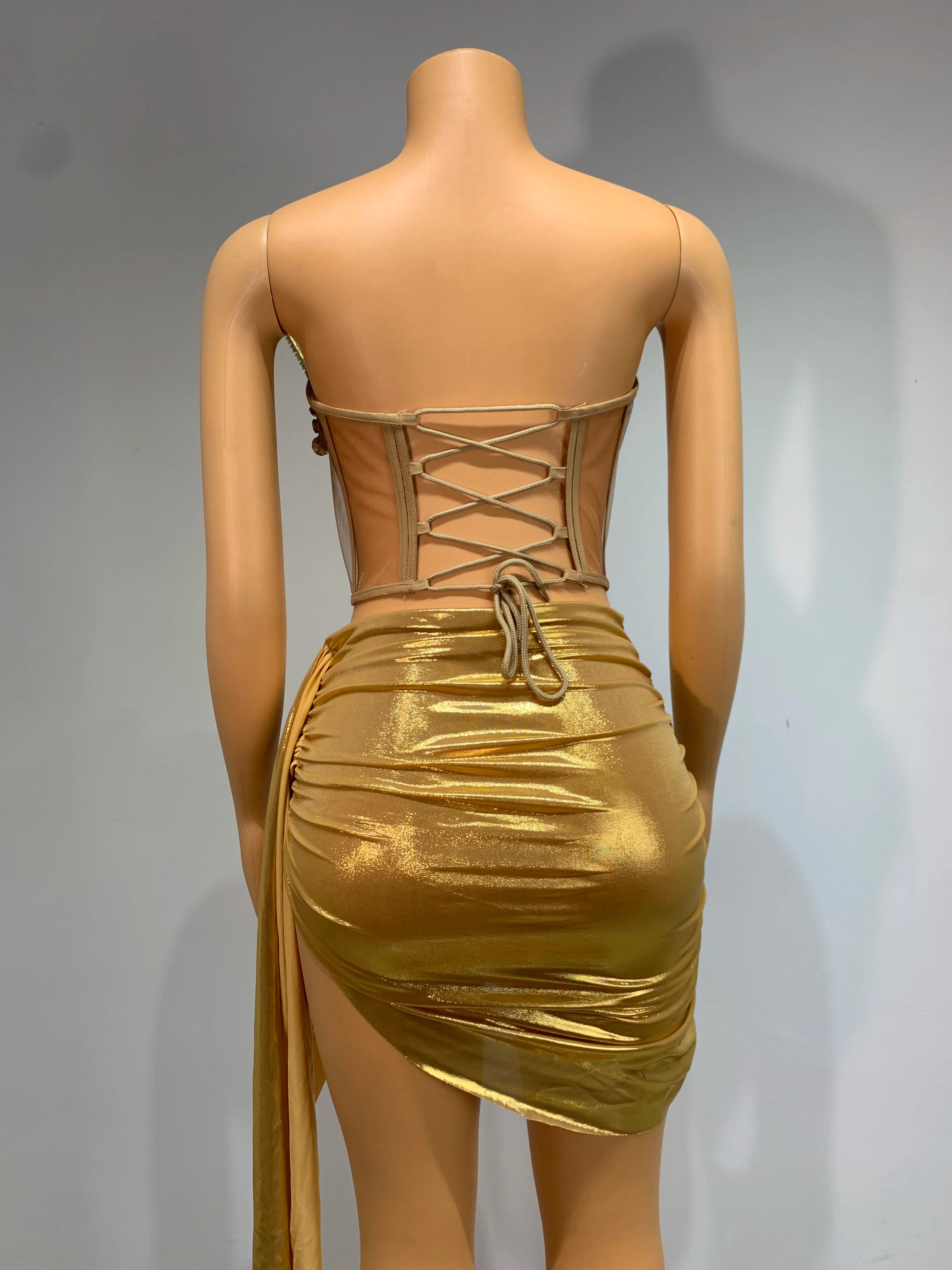 Sparkly Gold Sexy Top Two Pieces Short Skirt Set Women Celebrate Party NightClub Performance Dancer Show Stage Outfit
