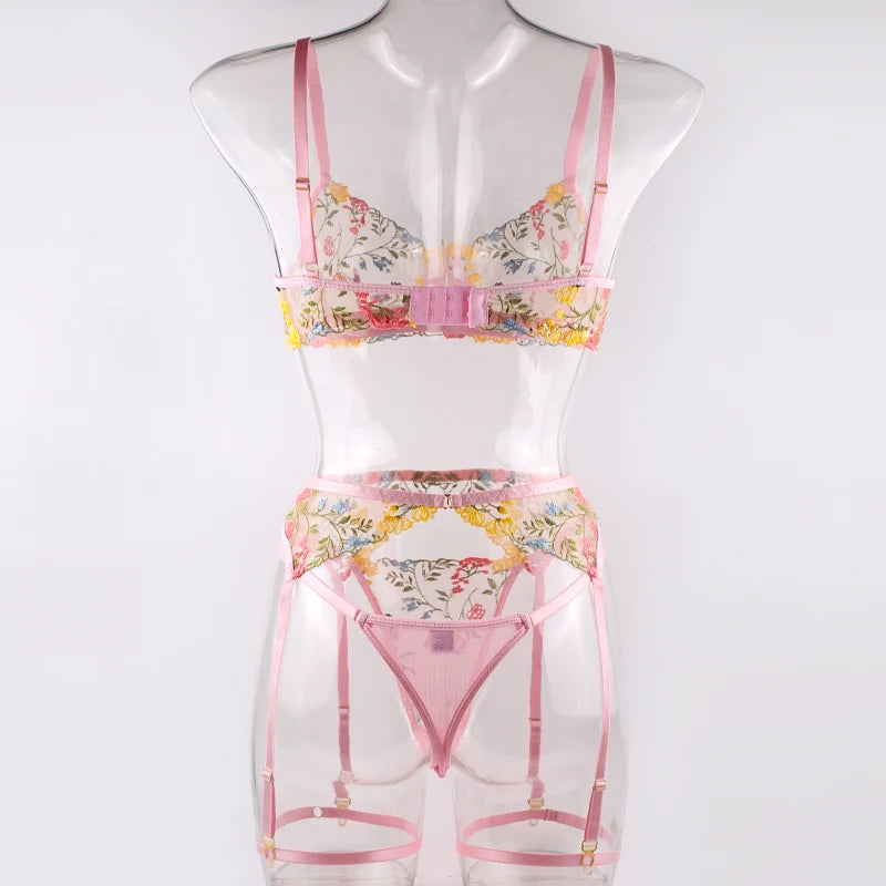 Sexy Women's Lace Lingerie 3Pcs Sets Fancy Flowers Embroidery Transparent Bras And Thongs Underwear Set Erotic Intimate Suits ﻿