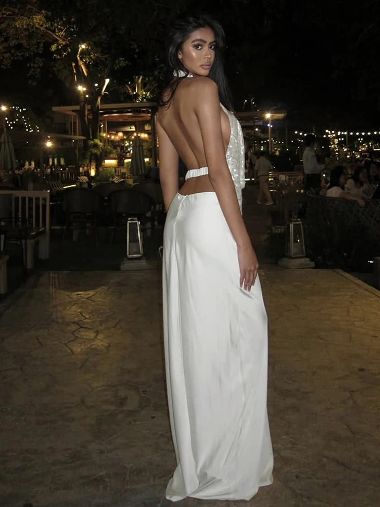 Nibber Temperament 2-Piece Set Women Swing Collar Arabesques Backless Tops+Smooth Skirts Vacation Beach Party Matching Suits