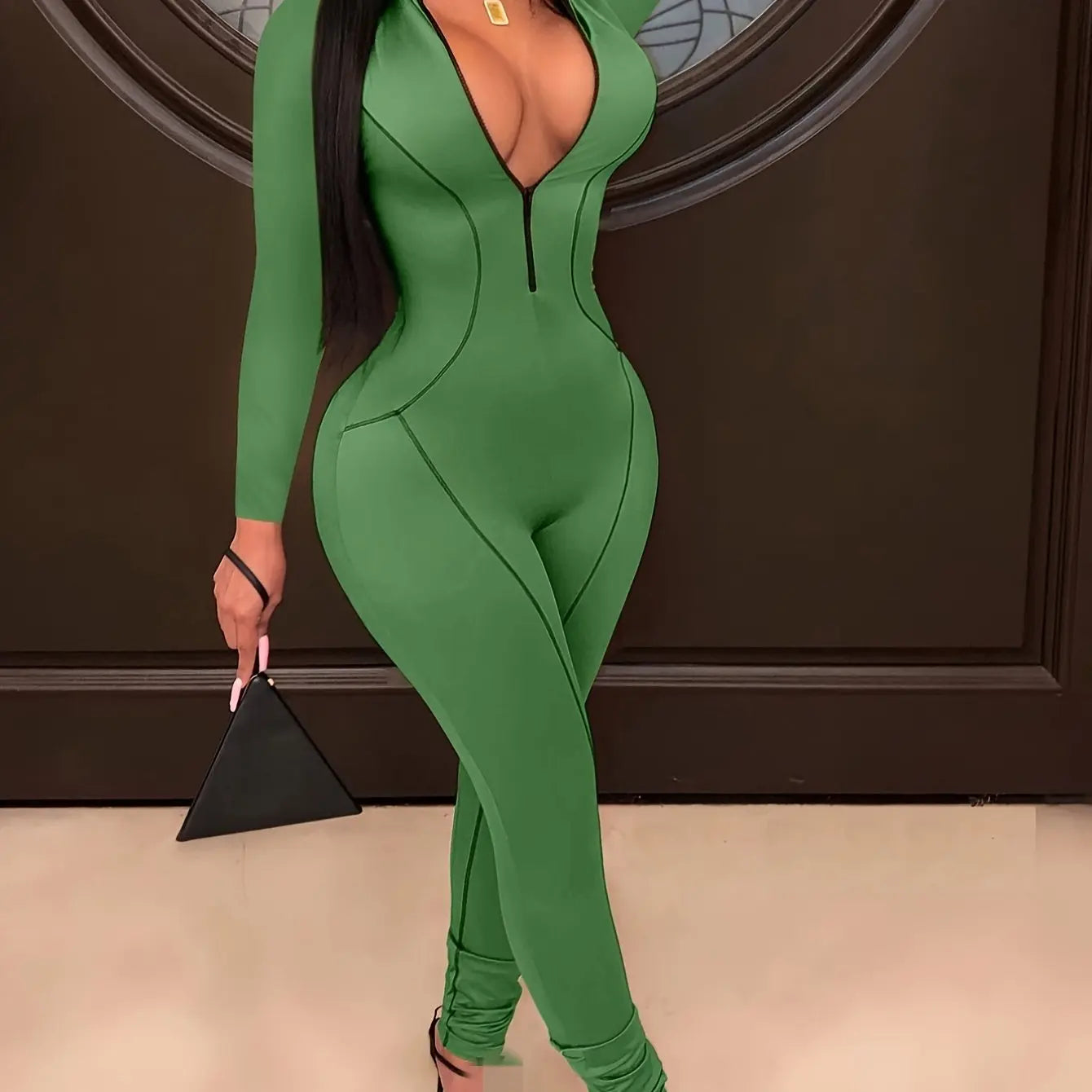 Women Zipper Up Striped Splicing Long Sleeve Bodycon Moto Biker Jumpsuit Sexy Club Night Party Romper Playsuit