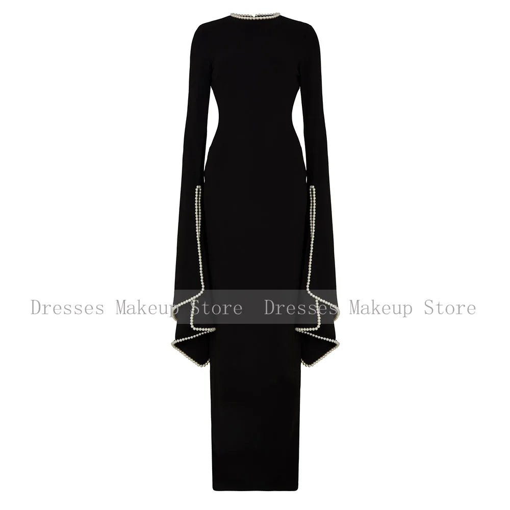 Modest Wedding Guest Dress Black O Neck A Line Elegant Formal Party Gowns for Women Pearls Long Sleeves Evening Dresses