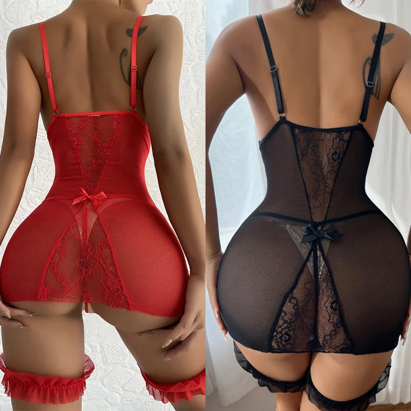 Sexy Transparent V-neck Lace Up Evening Lingerie Women Underwear Doll Pornographic Erotic Dress Seductive Skirt Garter Belt Sets