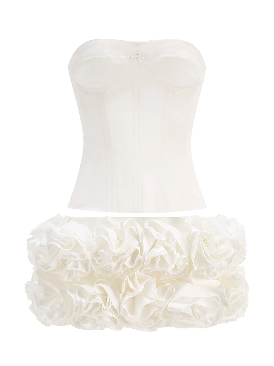 VC Christmas Dress Strapless Red Structured Top With Floral Embellished Mini Skirt Bodycon Celebrity Party Cocktail 2 Pieces Set