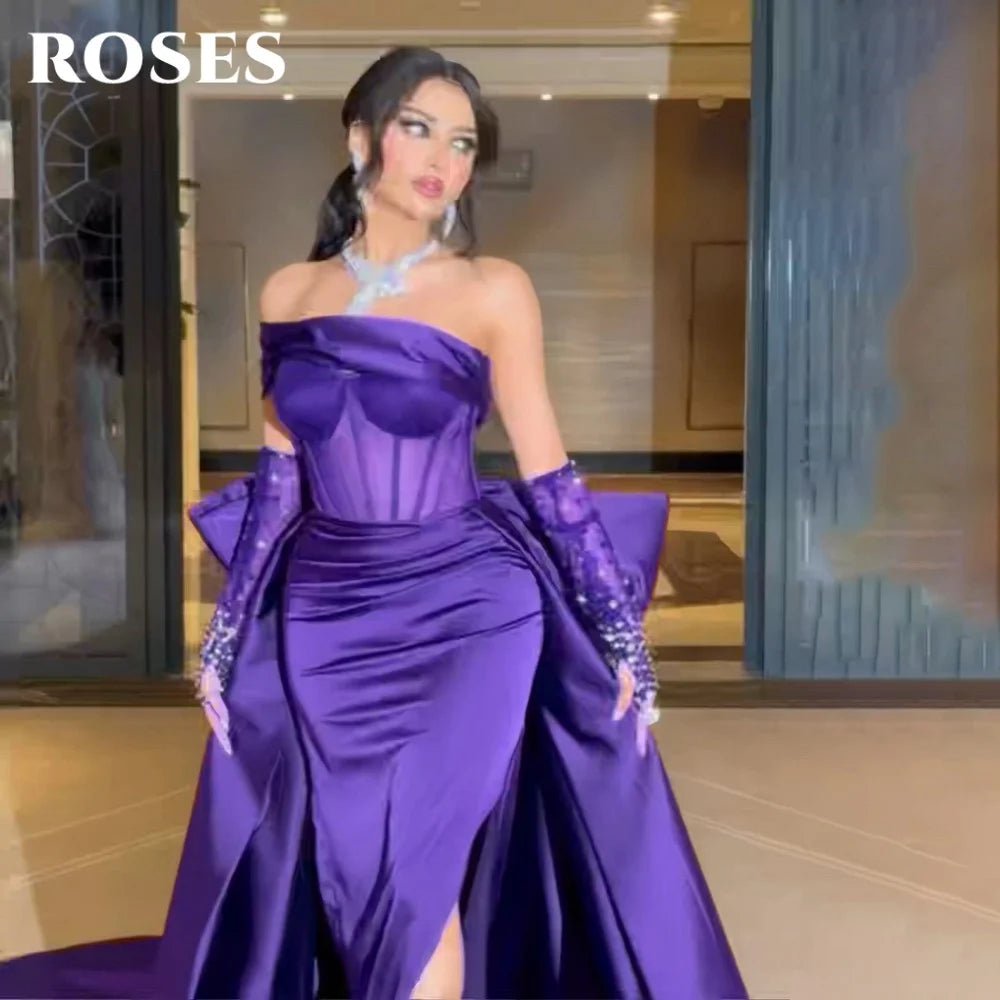 ROSES Burgundy Stain Mermaid Prom Dresses with Bow Shining Beading On Sleeve Evening Dress One Shoulder Sweetheart