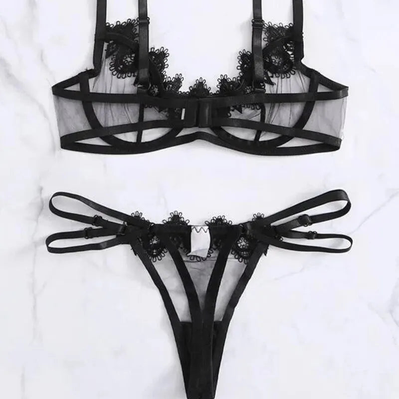 Women Lingerie Set Bra Thongs Underwire Two Piece Bowknot Transparent Mesh Lace Steel Ring Lingerie Underwear Erotic Sexy Bras