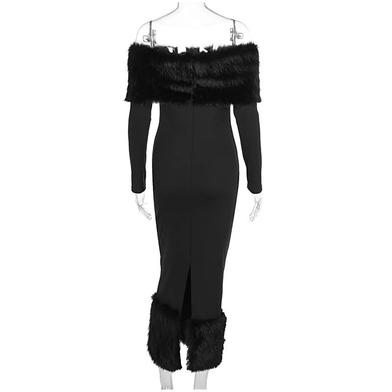 Faux Fur Patchwork Strapless Dress Women Sexy Off-shoulder Full Sleeve Cinched-waist Slim Gowns Lady Chic Evening Party Dresses