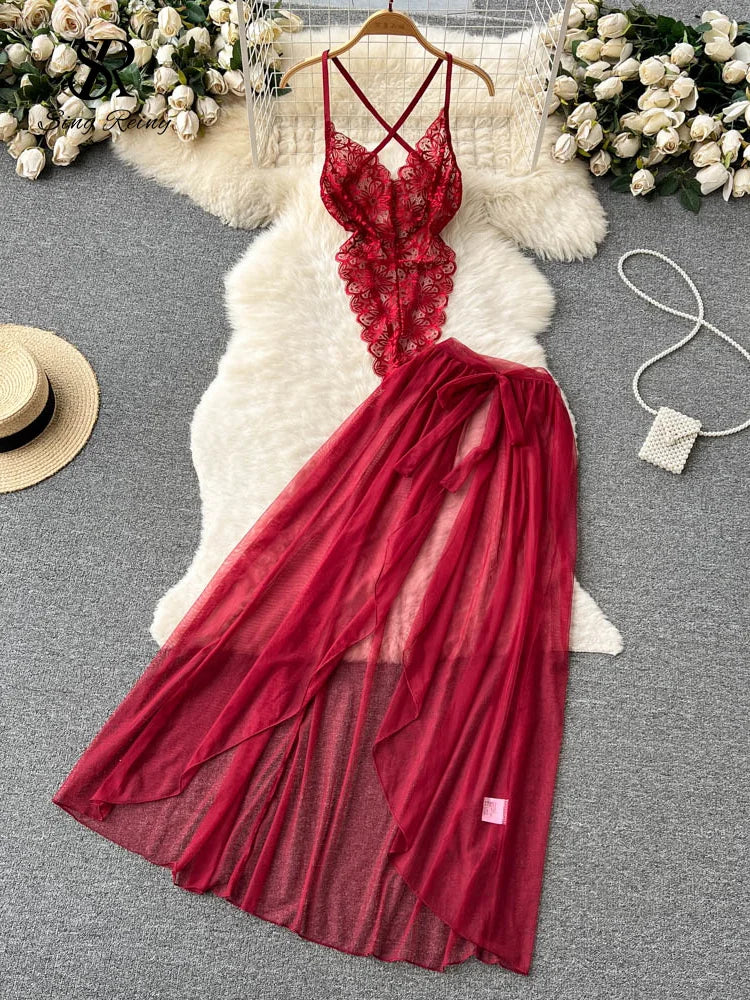 SINGREINY Lace Sensual Erotic Two Pieces Suits Camis Short Bodysuits Tops+Midi Long Mesh Chiffon Skirts Women Underwear Sets