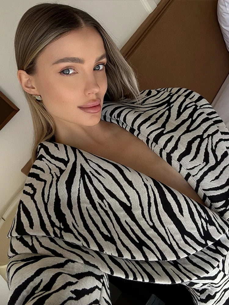 Fashion Zebra Printing Women's Jacket Skirts Suit V-Neck Waist-Closed Lady Sets Elegant 2 Pieces Set Women Outfits