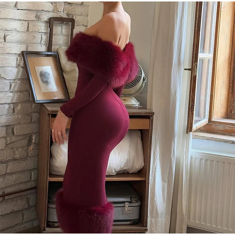 Faux Fur Patchwork Strapless Dress Women Sexy Off-shoulder Full Sleeve Cinched-waist Slim Gowns Lady Chic Evening Party Dresses
