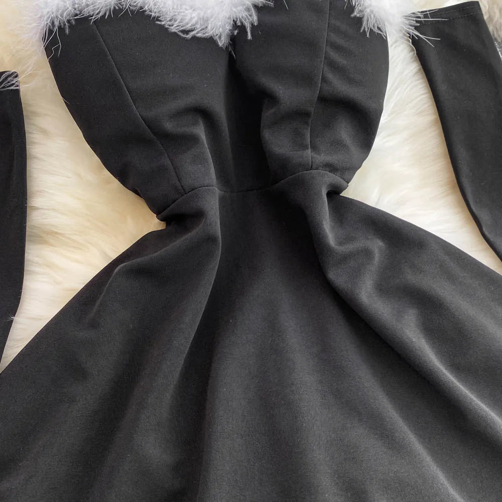 Foamlina Women's Christmas Dress Sexy Low-cut Waist Thin Big Pendulum Fluffy Splicing Suspender Tube Ling Dress Red