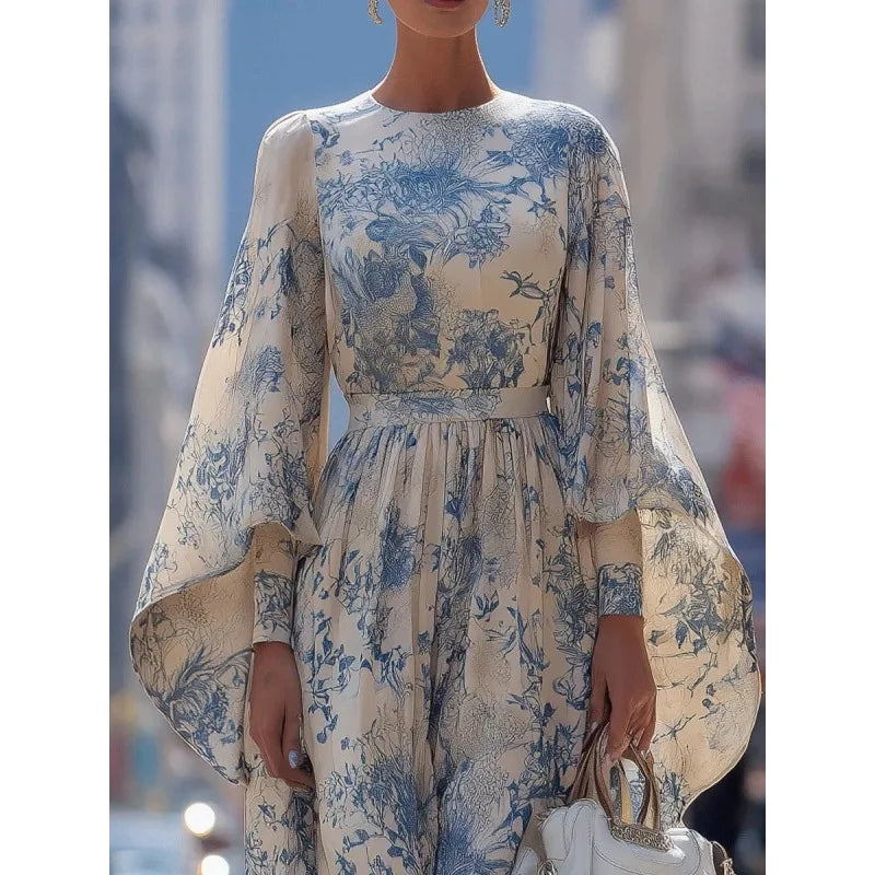Tinaa Sky Blue Flower Print Long Dresses for Women New Loose Fit Batwing Sleeve O Neck Elegant Dress