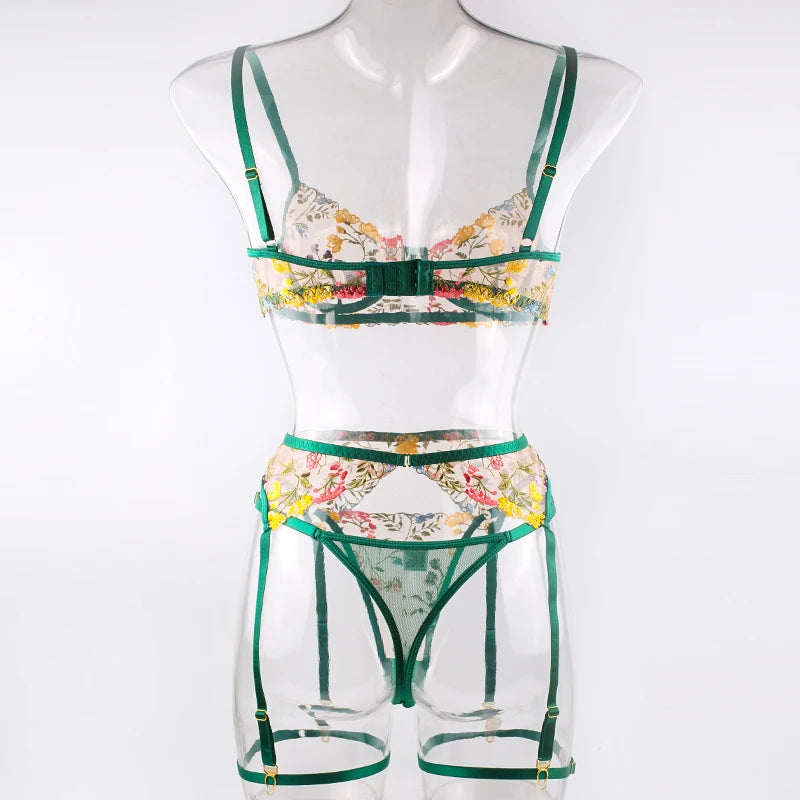 Sexy Women's Lace Lingerie 3Pcs Sets Fancy Flowers Embroidery Transparent Bras And Thongs Underwear Set Erotic Intimate Suits ﻿