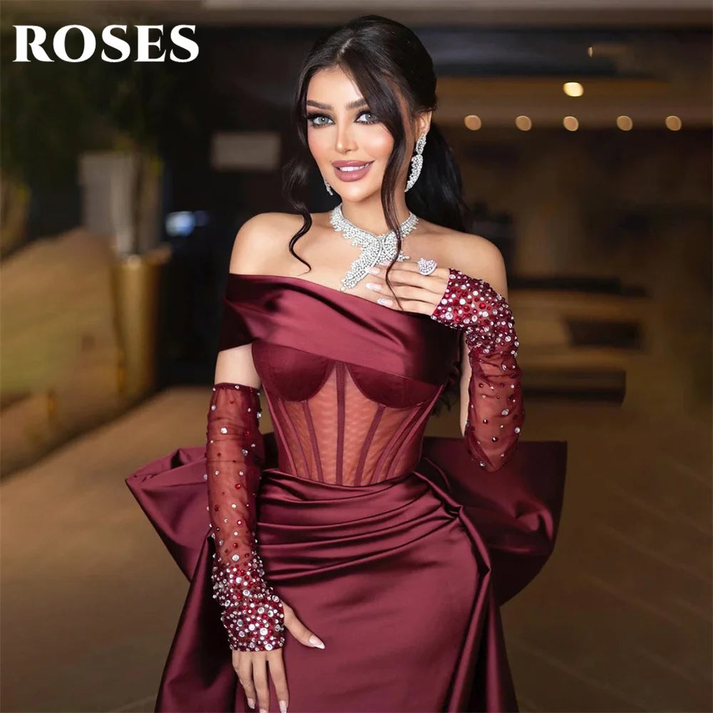 ROSES Burgundy Stain Mermaid Prom Dresses with Bow Shining Beading On Sleeve Evening Dress One Shoulder Sweetheart