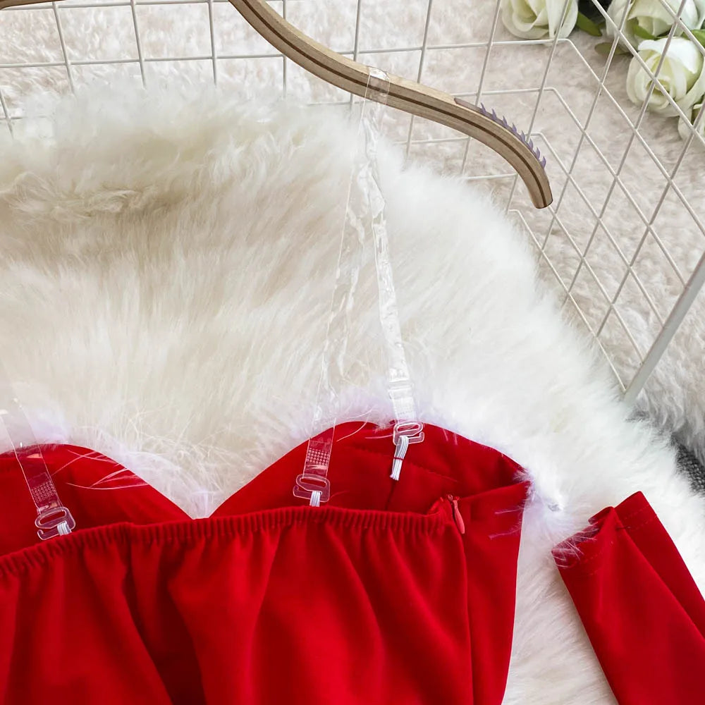 Foamlina Women's Christmas Dress Sexy Low-cut Waist Thin Big Pendulum Fluffy Splicing Suspender Tube Ling Dress Red