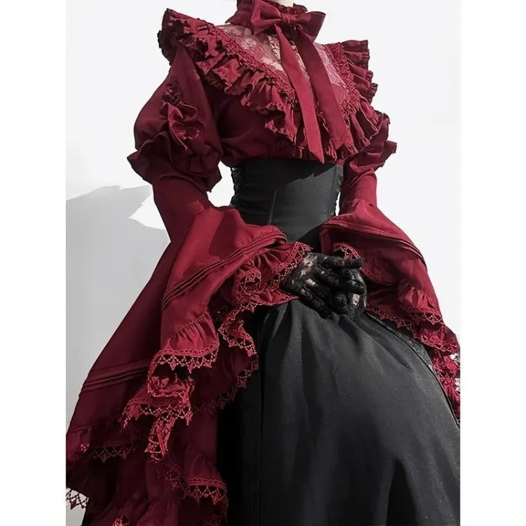 Vintage Lace Patchwork Long Sleeve Lolita Shirts Women+ High Waist Mid-length Loose Skirts Spring Autumn New Two Piece Sets