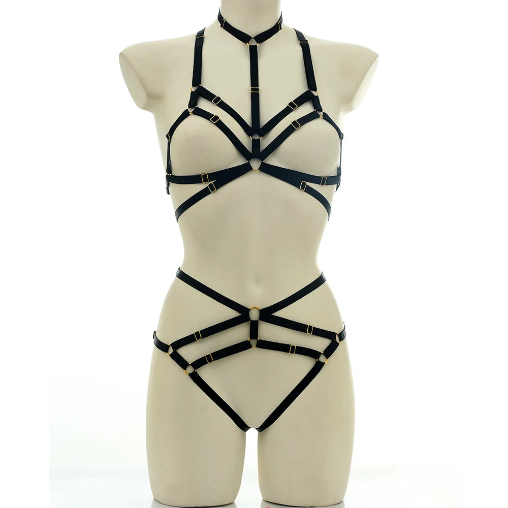 Hollow Elastic Adjust Body Harness Cage Bra G-string Lingerie Set Rave Wear Women Halloween Sexy Bondage Body Cage Harness