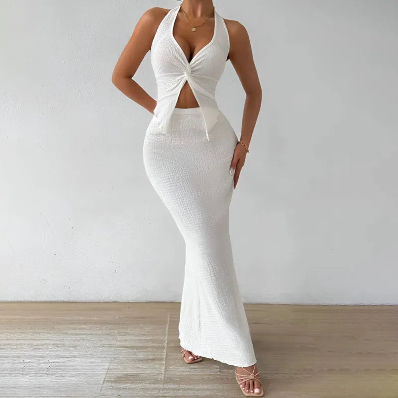 Tuularose White Long Skirt Two Piece Summer Sexy Twist Lace-up Vest Top Tight Long Skirt Set Elegant Female Long Dress Sets